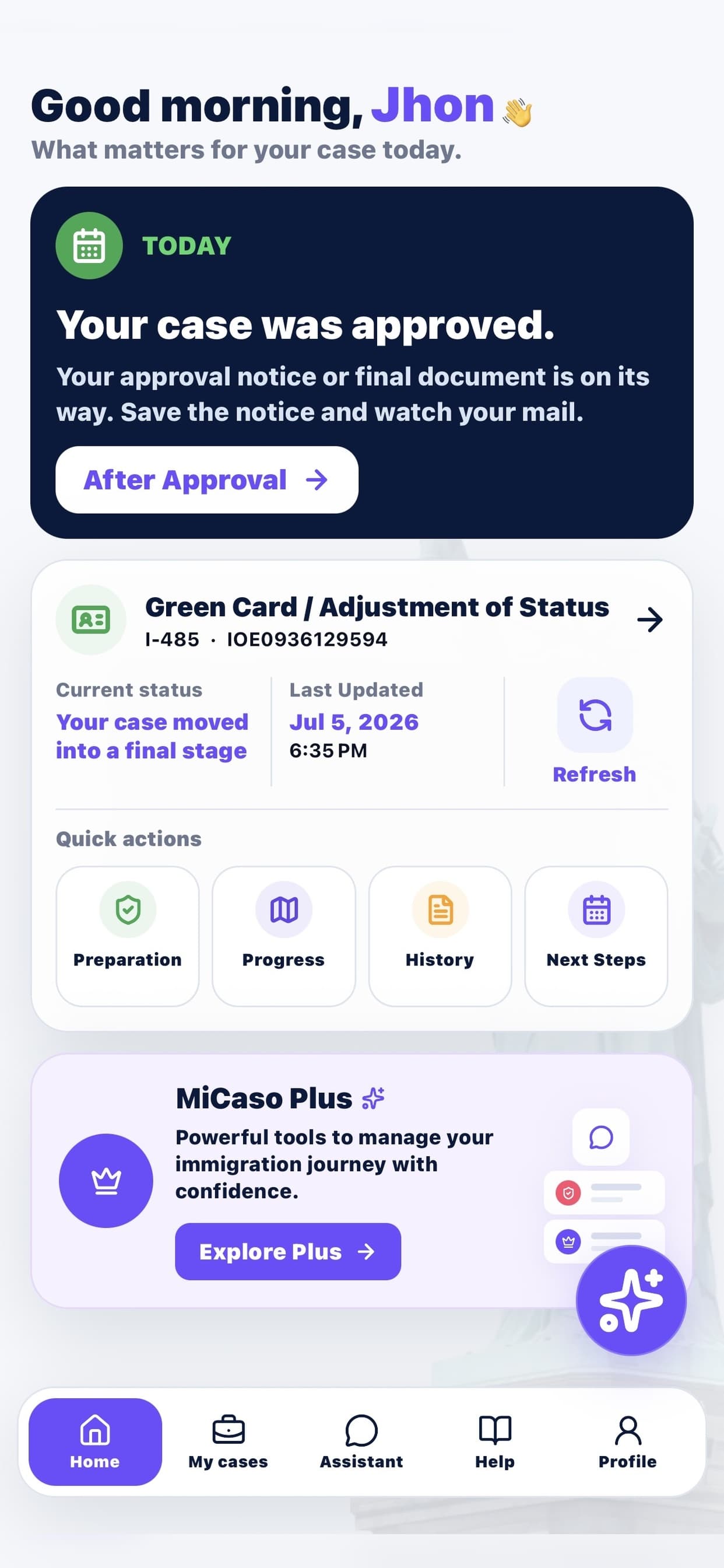 MiCaso home dashboard showing an approved immigration case and quick actions